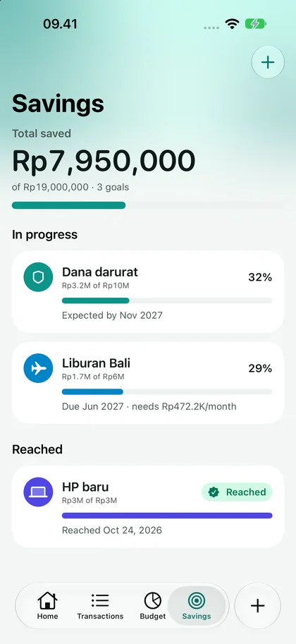 Rapi.In Savings showing progress for an emergency fund, a Bali holiday, and a completed new phone goal.