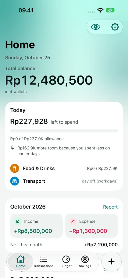 Rapi.In Home showing the total balance, remaining daily allowance, and an income and spending summary.