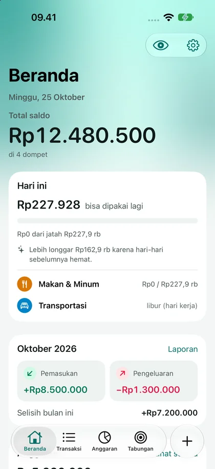 Beranda Rapi.In dengan total saldo, sisa jatah hari ini, dan ringkasan pemasukan serta pengeluaran.